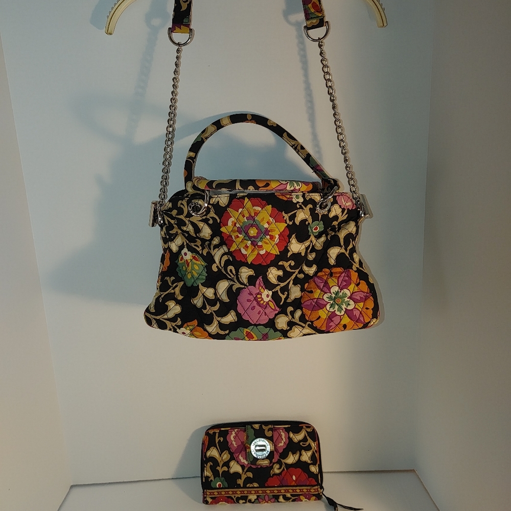 Vera Bradley Shoulder Bag Floral Black Tones with Matching Wallet Or Clutch